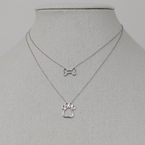 New sterling silver 925 dog paw print bone pendant double necklace - Picture 2 of 9